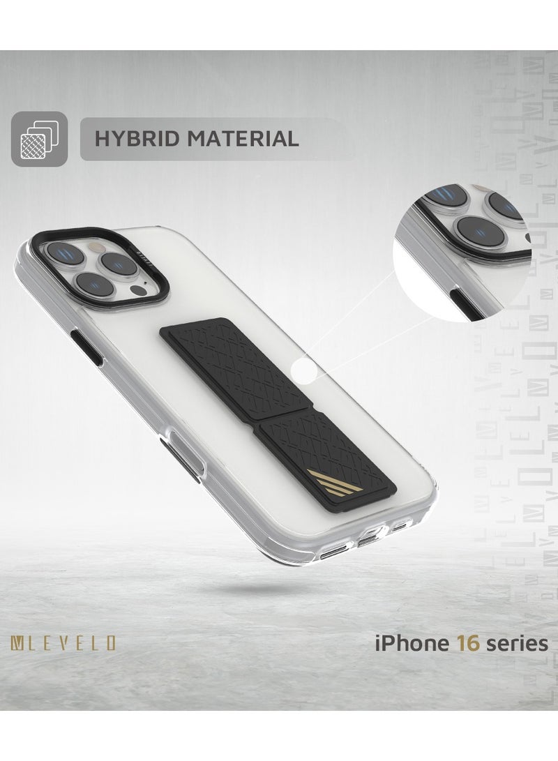 LEVELO iPhone 16 Pro Max Case Morphix Clara Grip Back Cover / Impact Resistant Corners / Metal Camera Ring / Multi Functional Kickstand / Premium Bayer TPU / Leather Grip - Black - Image 3