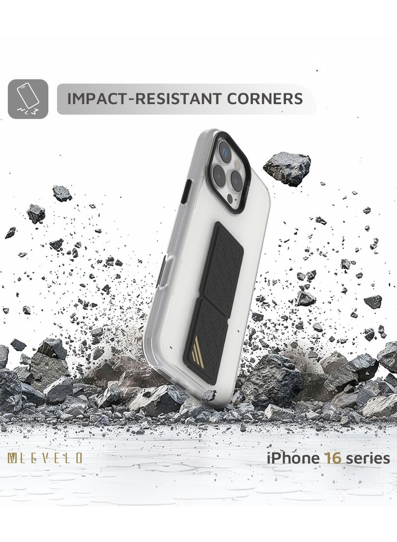 LEVELO iPhone 16 Pro Max Case Morphix Clara Grip Back Cover / Impact Resistant Corners / Metal Camera Ring / Multi Functional Kickstand / Premium Bayer TPU / Leather Grip - Black - Image 4