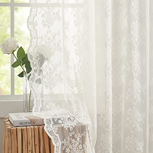 YJ YANJUN Sheer Lace Curtains for Bedroom Ivory Elegant Victorian Curtains Scalloped Edges Floral Kitchen Window Curtains 63 Inch Length Rod Pocket, 52 x 63 Inch, Ivory - Image 1