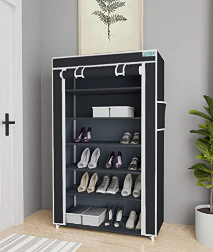 FLIPZON Premium 6-Tiers Shoe Rack/Multipurpose Storage Rack with Dustproof Cover (Iron Pipes, Non Woven Fabric, Plastic Connector) (Black) - Image 1