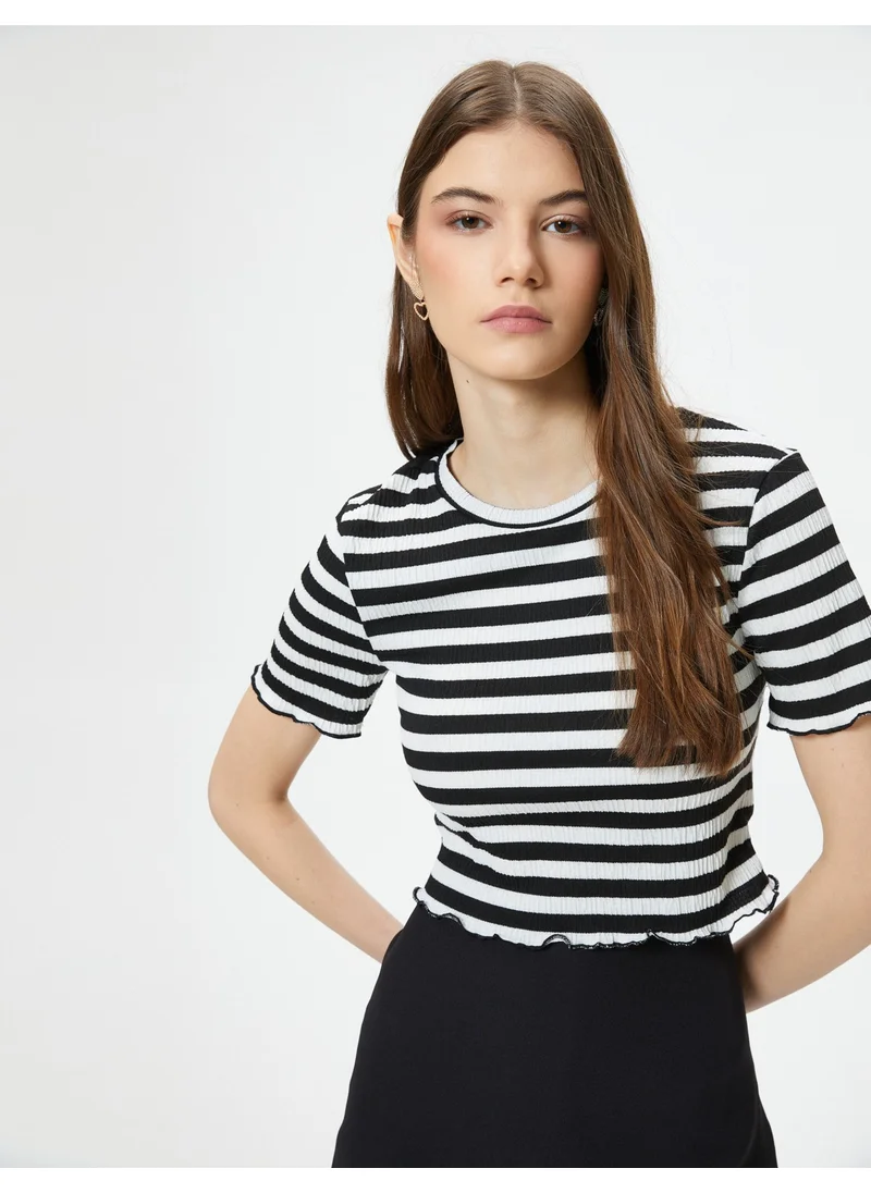 KOTON Crop T-Shirt Ribbed Short Sleeve Cotton