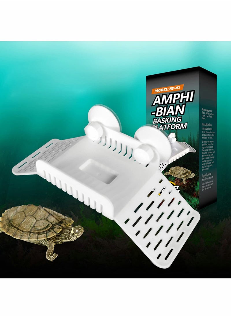 KASTWAVE - Turtle Basking Platform, Turtle Bank Floating Island with Green Lifelike Underwater Plastic Plant, Water Dish, Sucker Cap, Turtle Dock Turtle Tank Decorations Reptile Accessories, White - Image 1