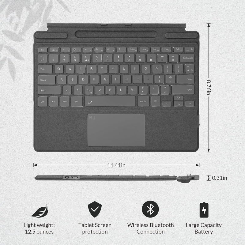 RII Surface Pro Type Cover,Ultra-Slim Portable Bluetooth Wireless Keyboard with Touchpad,7 Color Backlit,Compatible with Surface Pro 8/9/X Only (Black-US) - Image 2