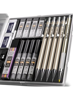 Nicpro 5 Pcs Metal Mechanical Pencil Set In Case Artist Drafting Pencils 0.3 0.5 0.7 0.9 & 2Mm Graphite Lead Holders (2H Hb 2B 4B Colored Lead) For Sketching Drawing With 9 Lead Refills 2 Erasers  - Image 1