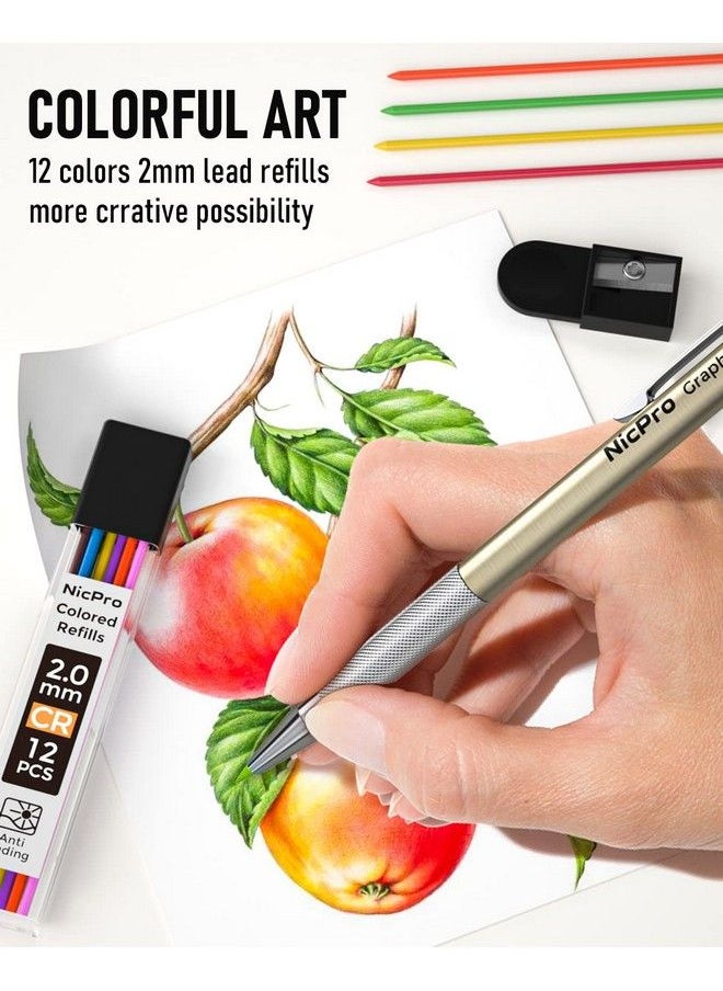 Nicpro 5 Pcs Metal Mechanical Pencil Set In Case Artist Drafting Pencils 0.3 0.5 0.7 0.9 & 2Mm Graphite Lead Holders (2H Hb 2B 4B Colored Lead) For Sketching Drawing With 9 Lead Refills 2 Erasers  - Image 5