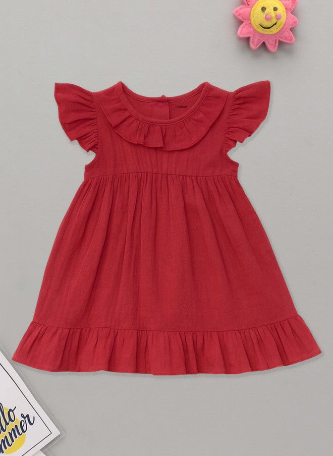 Kidbea فستان كيدبيا بناتي ماروني على شكل حرف A بأكمام متموجة وإغلاق بأزرار - Image 2