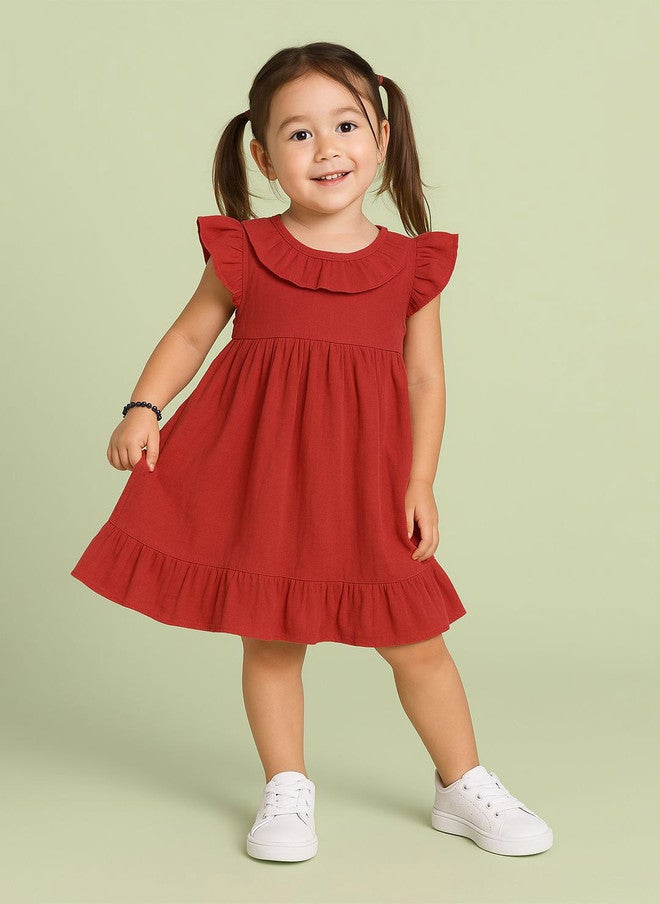 Kidbea فستان كيدبيا بناتي ماروني على شكل حرف A بأكمام متموجة وإغلاق بأزرار - Image 1