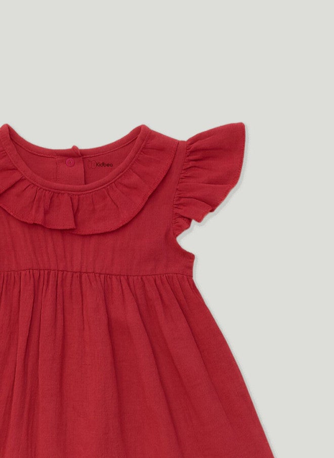 Kidbea فستان كيدبيا بناتي ماروني على شكل حرف A بأكمام متموجة وإغلاق بأزرار - Image 4
