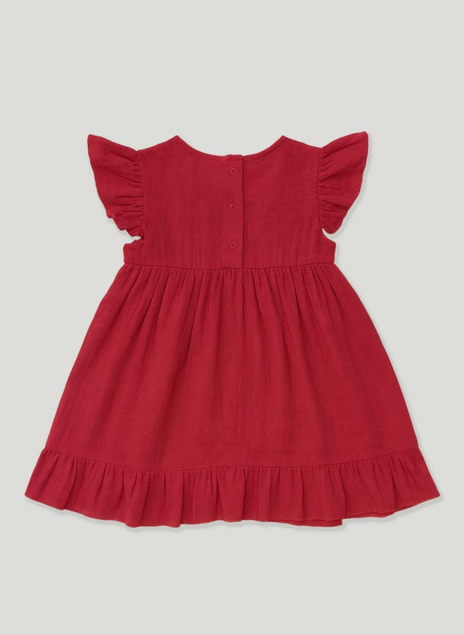 Kidbea فستان كيدبيا بناتي ماروني على شكل حرف A بأكمام متموجة وإغلاق بأزرار - Image 3