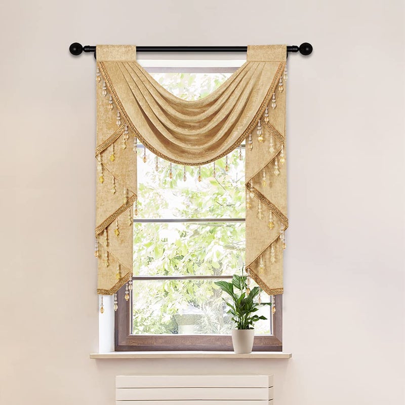 ELKCA Gold Chenille Waterfall Valance for Living Room Single Hollow Swag Valance for Kitchen Bedroom Curtains Rod Pocket 1 Panel