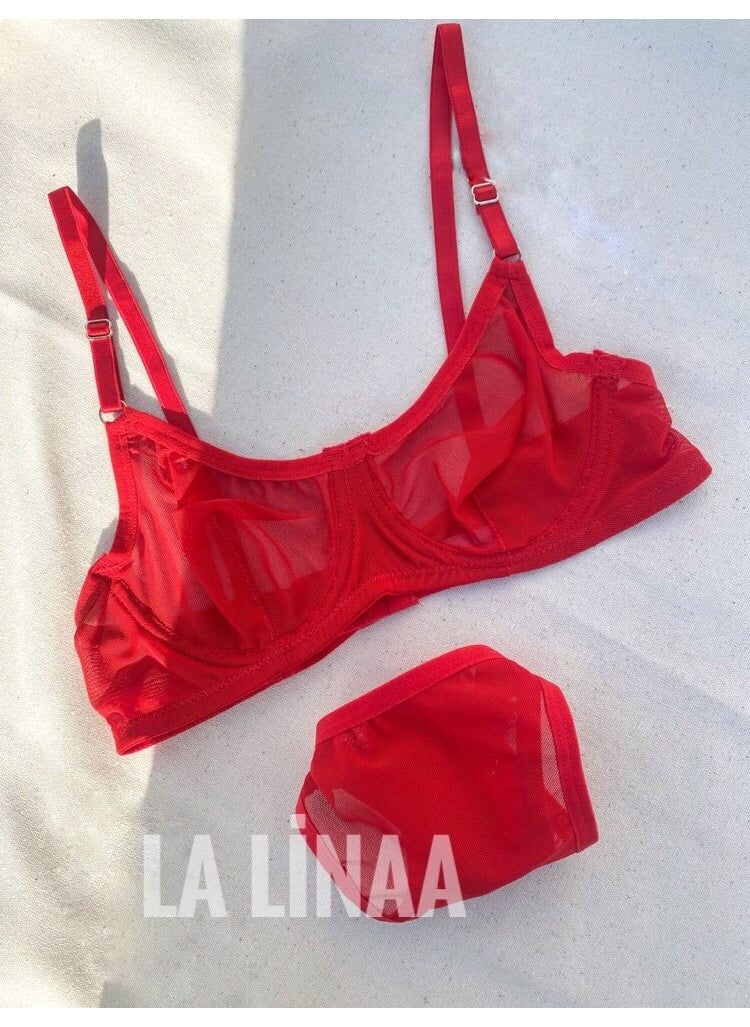 La Linaa Women's Tulle Thong Panty Bra Set  - Image 3