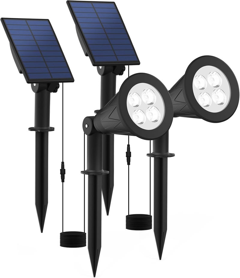 T-SUNUS Christmas Solar Powered LED Spot Light White 6000K, Separated Panel with 9.8ft Cable IP65 Waterproof Spotlights Outdoor Landscape Garden Lights for Flag Patio Yard Driveway Halloween 2 Pack - Image 1