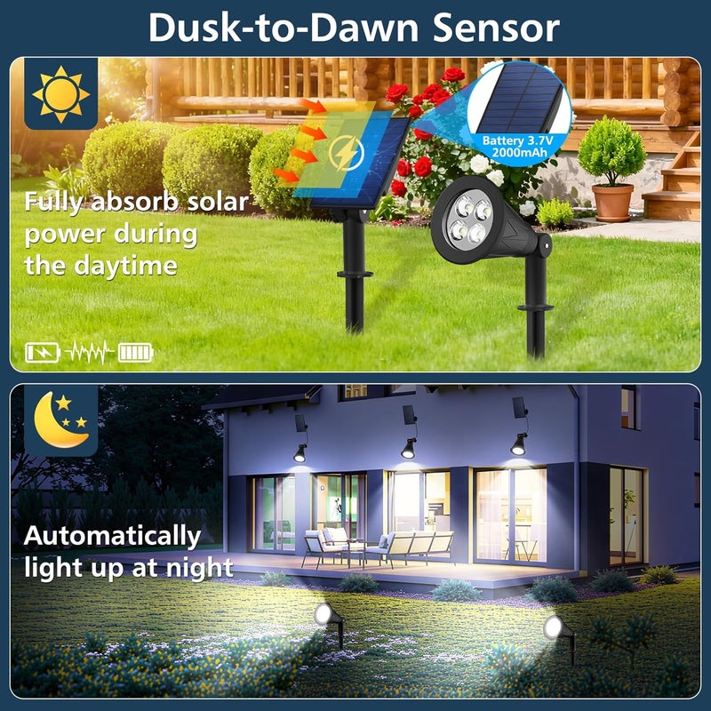 T-SUNUS Christmas Solar Powered LED Spot Light White 6000K, Separated Panel with 9.8ft Cable IP65 Waterproof Spotlights Outdoor Landscape Garden Lights for Flag Patio Yard Driveway Halloween 2 Pack - Image 2