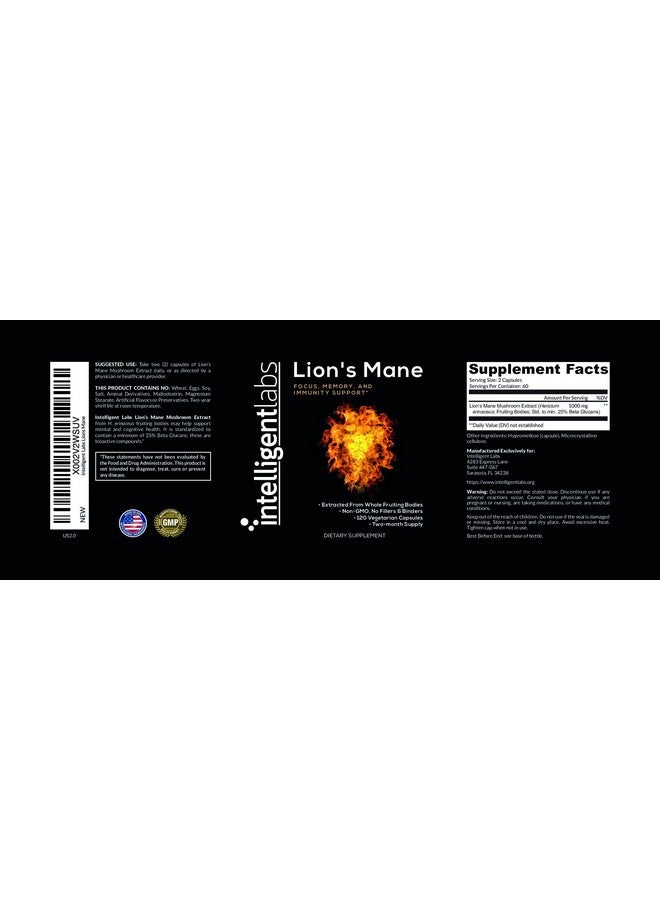 Intelligent Labs Lion’s Mane Mushroom Capsules, Extracted from The Fruiting Bodies of Hericium Erinaceus, Minimum 25% Beta Glucans, No Grain Fillers, 2-Month Supply - Image 2