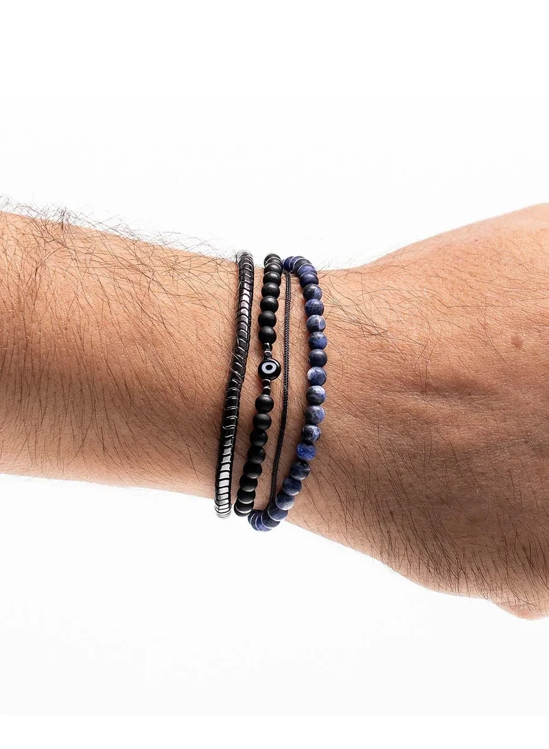 CHRYSOSTOMOS Handmade Hand Knitted Multiline Adjustable Bracelet for Men with Multi-Line Grey Larvikite Stones and Hematite Beads