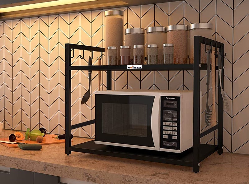 WINSTAR Metal Microwave Stand Microwave OTG Rack for Kitchen Counter Double Platform for Extra Storage Kitchen Oven Rack Black No Wheels 2 Shelf - Image 2