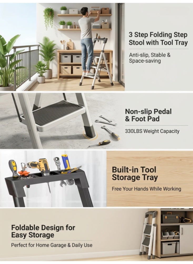 Zanotta Foldable Ladder 3 Steps, Home Folding Step with Tool Holder, Wide Anti-Slip Pedal, Adults Sturdy Steel Ladder for Home Kitchen Garden Office - Image 5