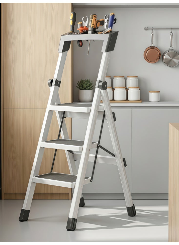 Zanotta Foldable Ladder 3 Steps, Home Folding Step with Tool Holder, Wide Anti-Slip Pedal, Adults Sturdy Steel Ladder for Home Kitchen Garden Office - Image 1
