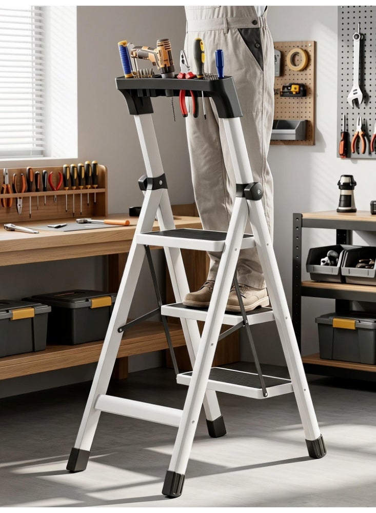 Zanotta Foldable Ladder 3 Steps, Home Folding Step with Tool Holder, Wide Anti-Slip Pedal, Adults Sturdy Steel Ladder for Home Kitchen Garden Office - Image 2