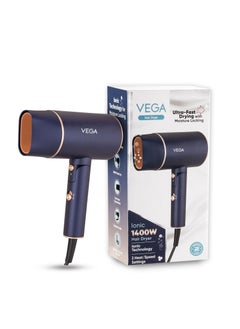 Vega Ionic 1400 Watts Foldable Hair Dryer for Men and Women, Quick and Fast Drying with Ionic Technology & 2 Heat/Speed Settings, Cool Shot Button, Detachable Nozzle, All Hair Type, (VHDH-35), Navy Blue