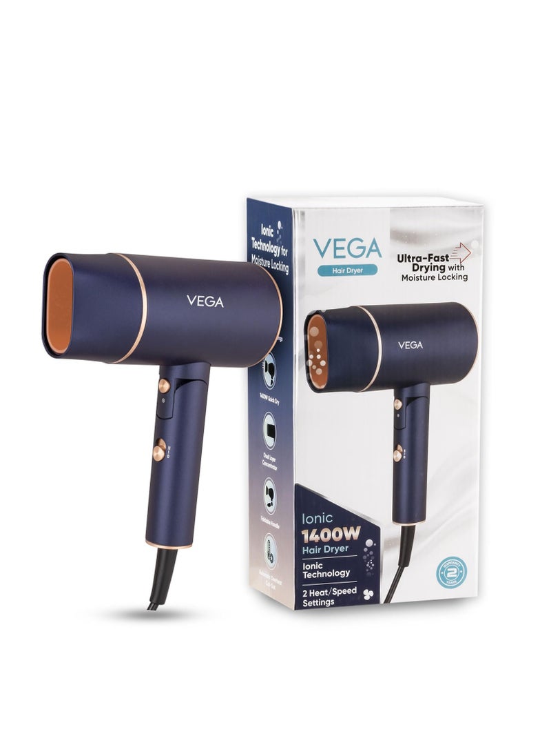 Vega Vega Ionic 1400 Watts Foldable Hair Dryer for Men and Women, Quick and Fast Drying with Ionic Technology & 2 Heat/Speed Settings, Cool Shot Button, Detachable Nozzle, All Hair Type, (VHDH-35), Navy Blue  - Image 1