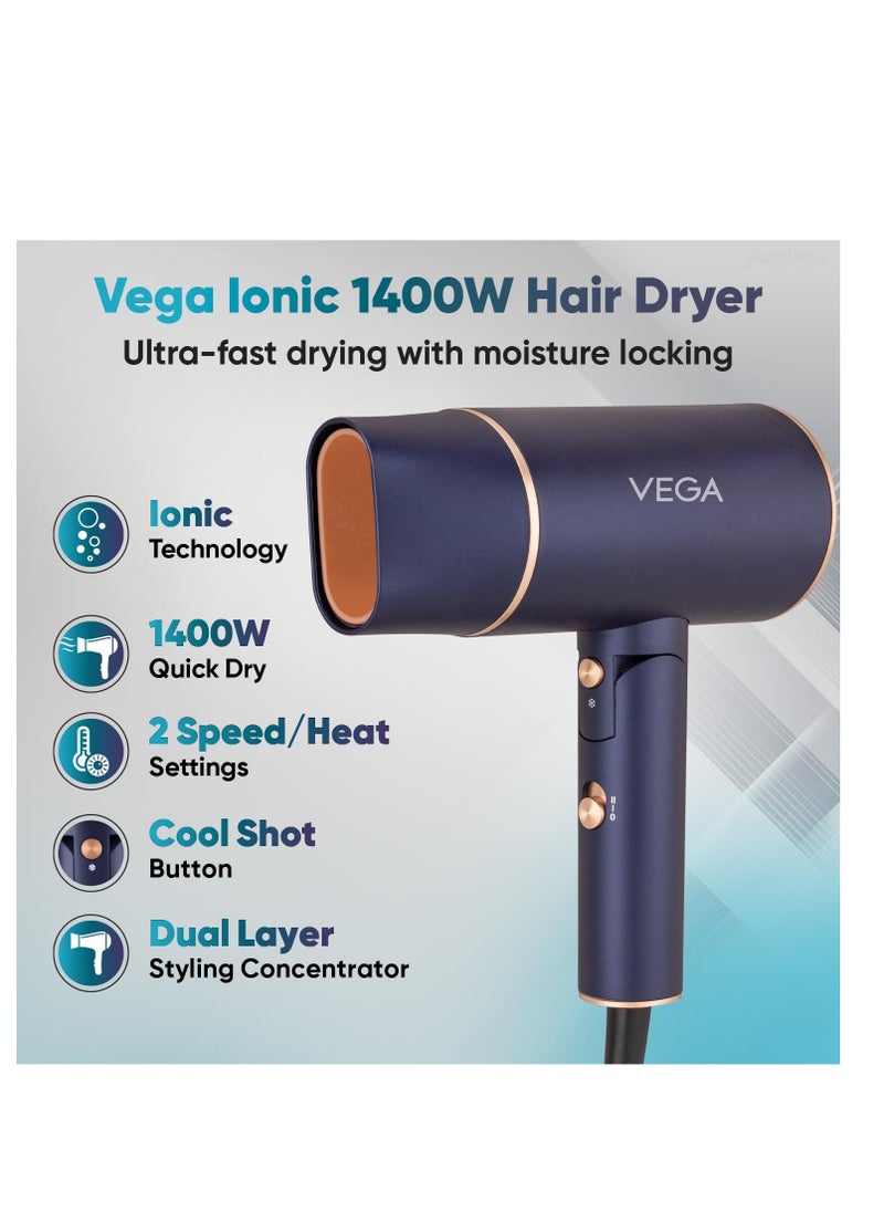 Vega Vega Ionic 1400 Watts Foldable Hair Dryer for Men and Women, Quick and Fast Drying with Ionic Technology & 2 Heat/Speed Settings, Cool Shot Button, Detachable Nozzle, All Hair Type, (VHDH-35), Navy Blue  - Image 2