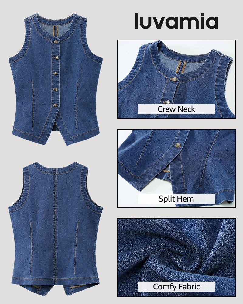 luvamia Western Denim Vest Women Strechy Sleeveless Jean Vest for Women Button Down Crewneck Summer Cowgirl Outfits for Women Waistcoat Casual Classic Blue Large US Size 12 Size 14 - Image 5