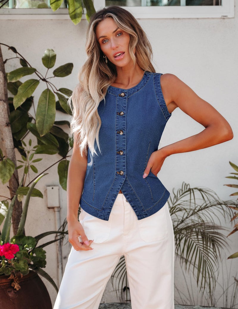 luvamia Western Denim Vest Women Strechy Sleeveless Jean Vest for Women Button Down Crewneck Summer Cowgirl Outfits for Women Waistcoat Casual Classic Blue Large US Size 12 Size 14 - Image 2