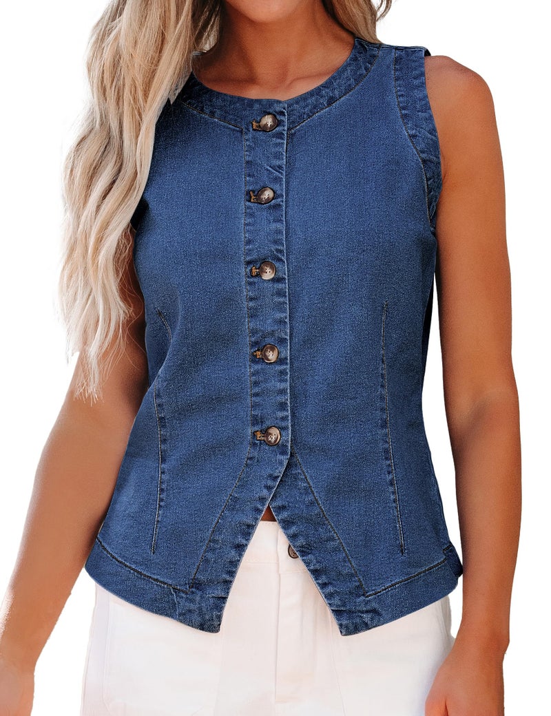 luvamia Western Denim Vest Women Strechy Sleeveless Jean Vest for Women Button Down Crewneck Summer Cowgirl Outfits for Women Waistcoat Casual Classic Blue Large US Size 12 Size 14 - Image 1