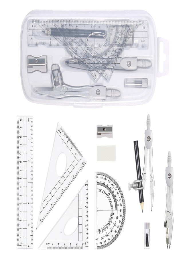Unjoo Math Geometry Kit Sets 10 Piece Student Supplies with Shatterproof Storage Box,Includes Rulers,Protractor,Compass,Eraser,Pencil Sharpener,Lead Refills,Pencil,for Drafting and Drawings（Grey） - Image 2
