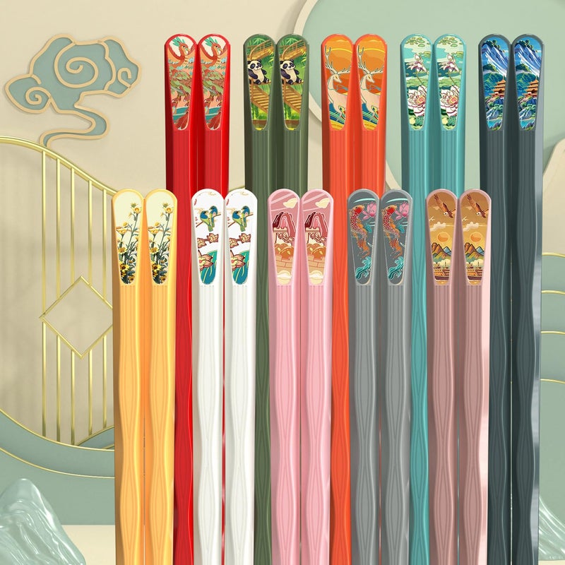 Auerllcy 10 Pairs Reusable Chopsticks, 9.5-Inch Dishwasher Safe, Heat-Resistant, Non-Slip, Colorful Chinese Style Chopsticks with Unique Pattern Designs (Wavy) - Image 2