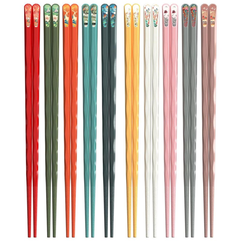 Auerllcy 10 Pairs Reusable Chopsticks, 9.5-Inch Dishwasher Safe, Heat-Resistant, Non-Slip, Colorful Chinese Style Chopsticks with Unique Pattern Designs (Wavy) - Image 1
