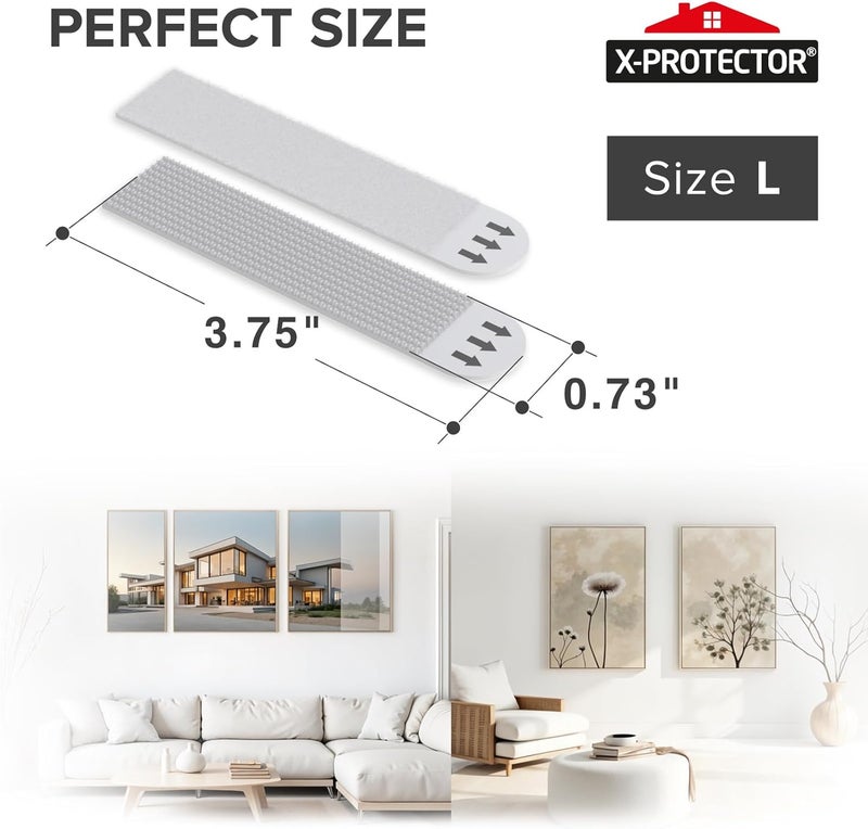 X-Protector شرائط تعليق الصور - 20 زوج من حاملات الصور بدون ضرر - حاملات لاصقة ذاتية بدون مسامير - شرائط تعليق ثقيلة للجدران - لاصق للجدران لتعليق حتى 20 رطل (حجم L) - Image 3
