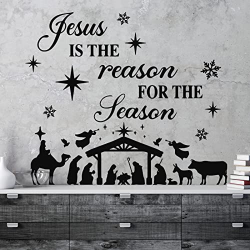 Teling 3 Pcs Nativity Scene Decor Stickers Christmas Bible Quotes Christian Vinyl Wall Decal Set Jesus is The Reason for The Season Bible Verse Wall Decals Joy to The World Stickers for Home - Image 1