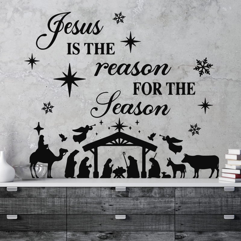 Teling 3 Pcs Nativity Scene Decor Stickers Christmas Bible Quotes Christian Vinyl Wall Decal Set Jesus is The Reason for The Season Bible Verse Wall Decals Joy to The World Stickers for Home - Image 2