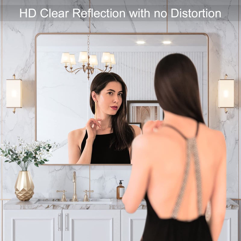 LOAAO 40â€X30â€ Gold Bathroom Mirror, Rounded Rectangle Gold Frame Mirror, Brushed Gold Bathroom Vanity Mirror Wall-Mounted, Anti-Rust, Tempered Glass, Hangs Horizontally or Vertically - Image 2