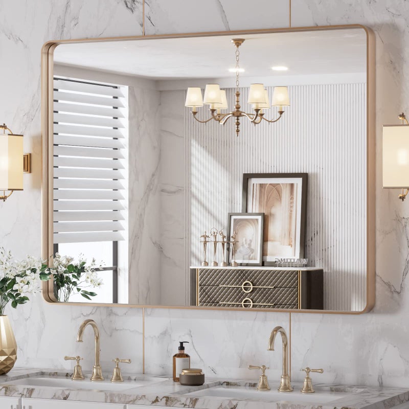 LOAAO 40â€X30â€ Gold Bathroom Mirror, Rounded Rectangle Gold Frame Mirror, Brushed Gold Bathroom Vanity Mirror Wall-Mounted, Anti-Rust, Tempered Glass, Hangs Horizontally or Vertically - Image 1