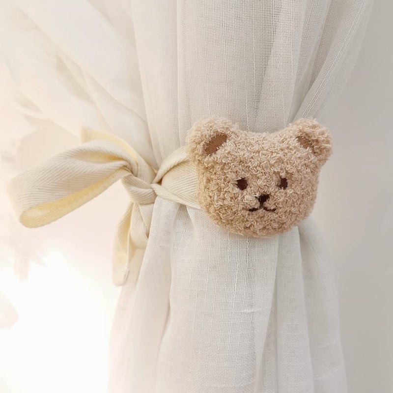 NUFR 2 Pack Cute Curtain Tiebacks Cartoon Bears Embroidered Animal Shape Kids Bedroom (Beige) - Image 1
