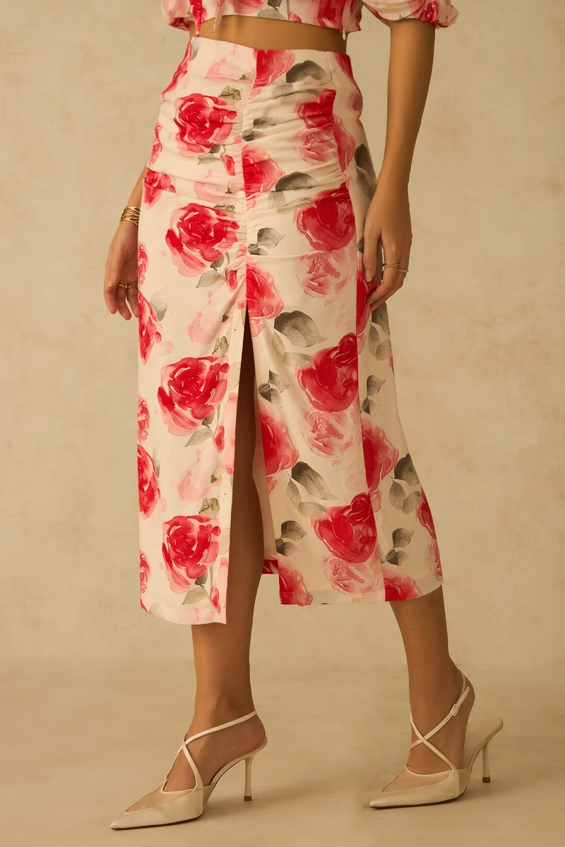 فيرجيو Viscose Floral Vacation Side Slit With Ruching Skirts for Women