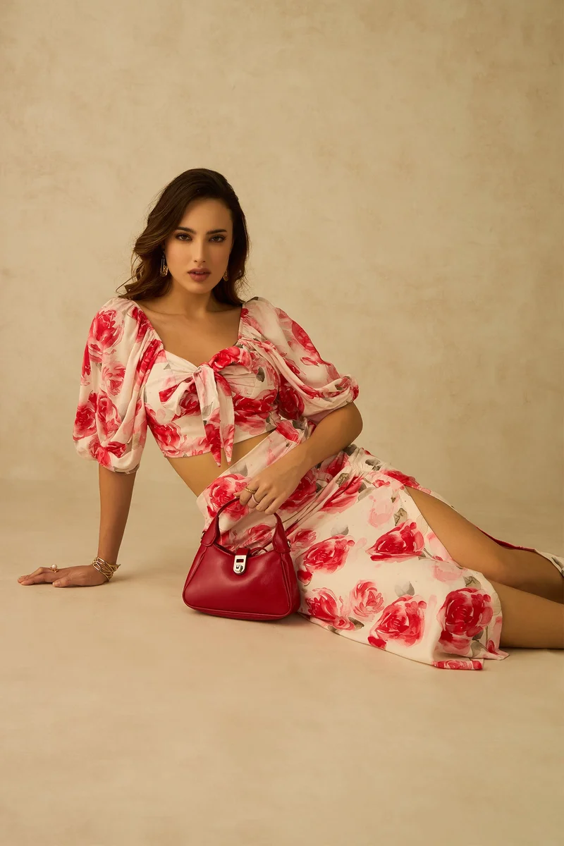 فيرجيو Viscose Floral Vacation Side Slit With Ruching Skirts for Women