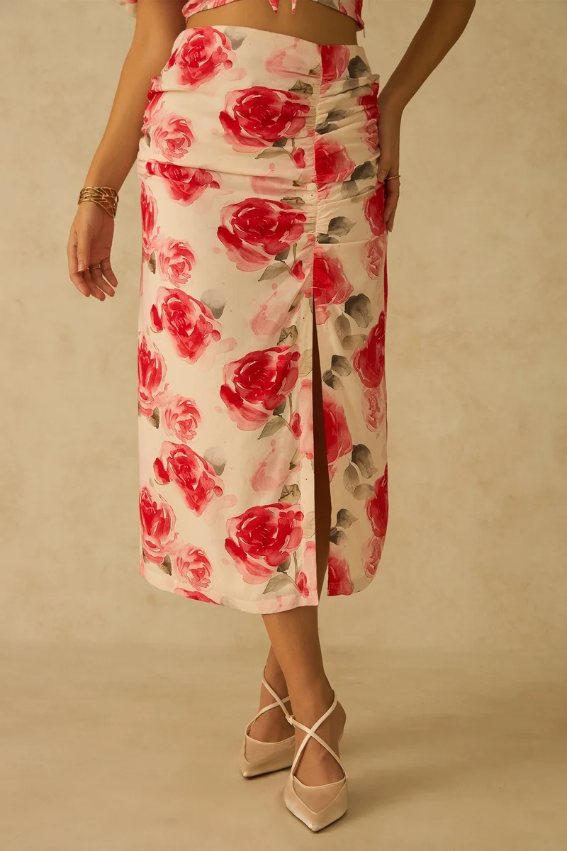 فيرجيو Viscose Floral Vacation Side Slit With Ruching Skirts for Women