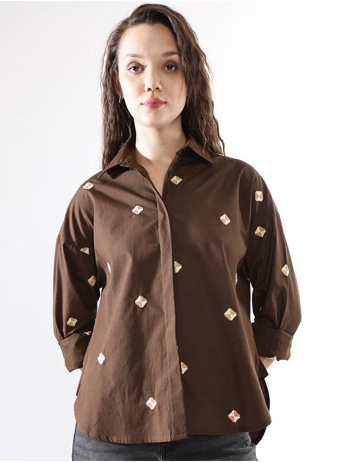 HIGH STAR Women Cotton Embroidered Oversized Casual Shirt  - Image 5