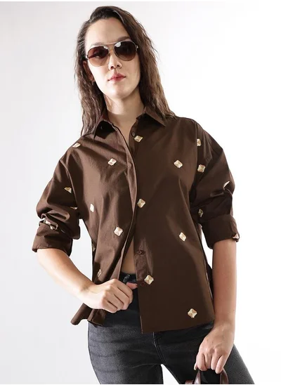 هاي ستار Women's Coffee Brown Poplin Embroidered Button Down Oversized Shirt