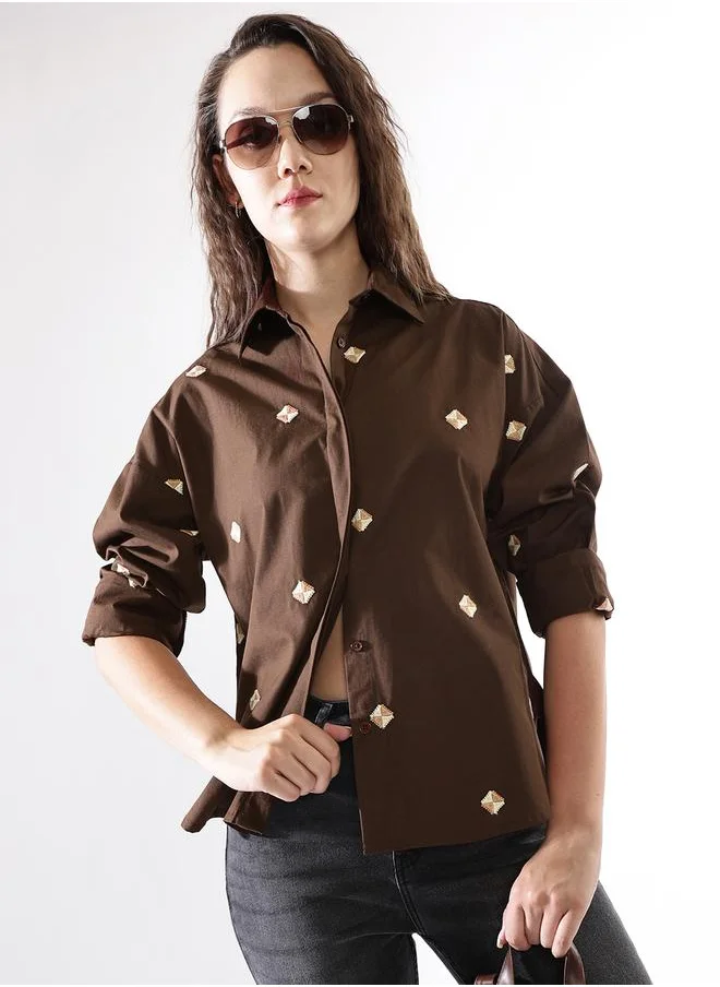 HIGH STAR Oversized Coffee Brown Poplin Embroidered Long Sleeves Woven Button Down with Button Closure Regular Length Spread Collar Shirt Collar - Ideal for Casual - A Must-Have for Your Wardrobe!