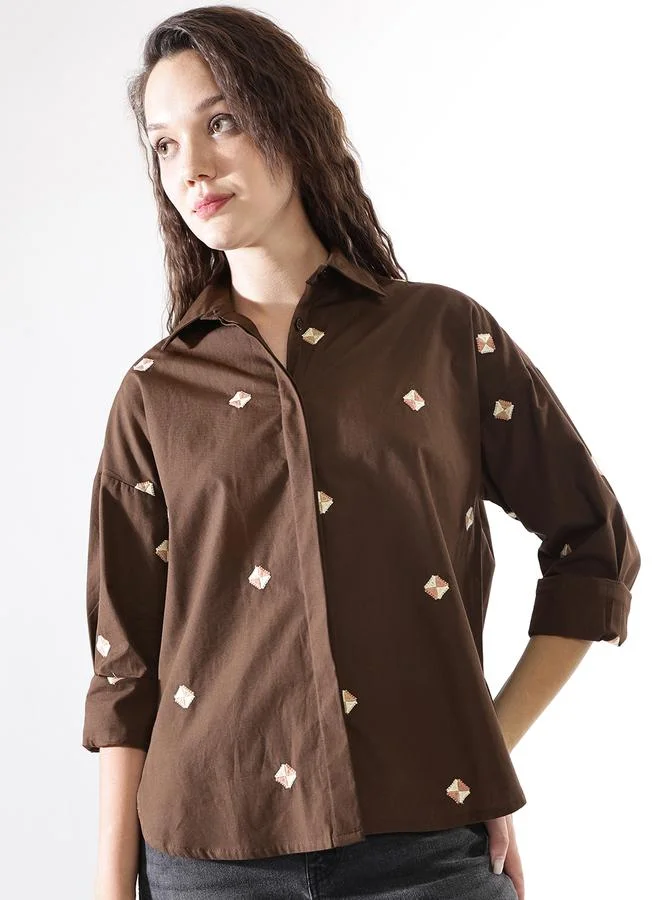 HIGH STAR Women's Coffee Brown Poplin Embroidered Button Down Oversized Shirt