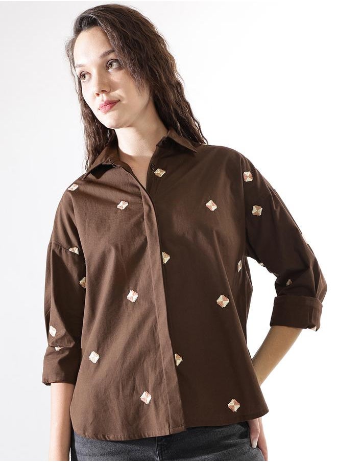 HIGH STAR Women Cotton Embroidered Oversized Casual Shirt  - Image 3