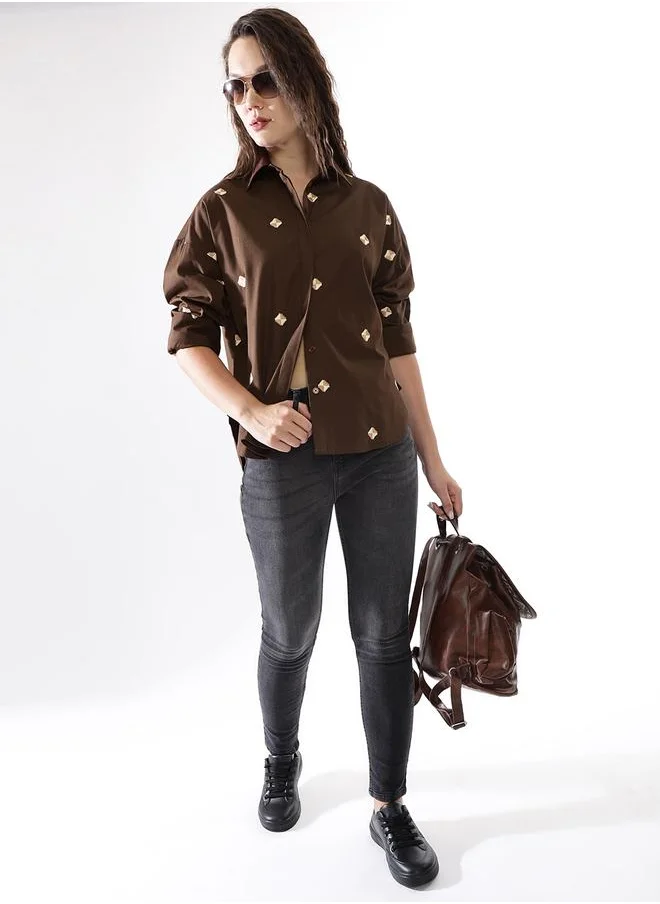 HIGH STAR Oversized Coffee Brown Poplin Embroidered Long Sleeves Woven Button Down with Button Closure Regular Length Spread Collar Shirt Collar - Ideal for Casual - A Must-Have for Your Wardrobe!