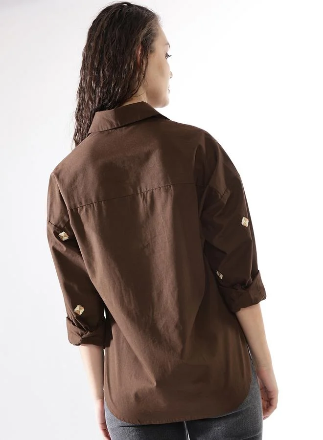HIGH STAR Women's Coffee Brown Poplin Embroidered Button Down Oversized Shirt