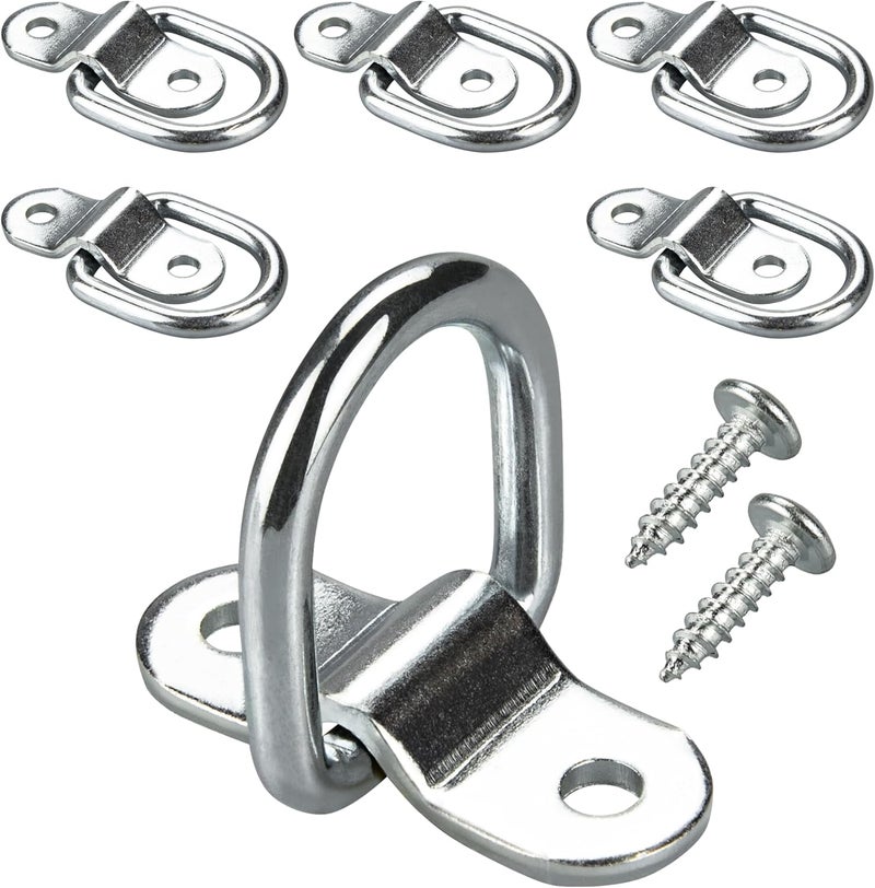 VEHIRIE 6 قطع من حلقات ربط D-Ring شدادة ثقيلة من الفولاذ المقاوم للصدأ مقاس 1/4 بوصة، خطافات ربط للمقطورات، مناسبة للأحمال على سيارات الدفع الرباعي والشاحنات والمركبات الترفيهية والمستودعات والقوارب، للتحكم في البضائع، مع براغي للتثبيت السطحي. - Image 1