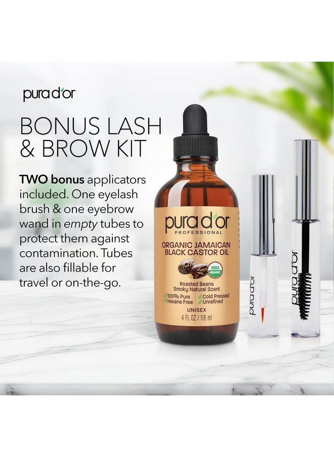 Pura d'or - 4 Oz Organic Jamaican Black Castor Oil Natural Smoky Scent Usda Certified, Pure, Cold Pressed & Roasted, Hexane Free Eyelash Growth Serum 2 Empty Refillable Bonus On The Go Applicators - Image 1